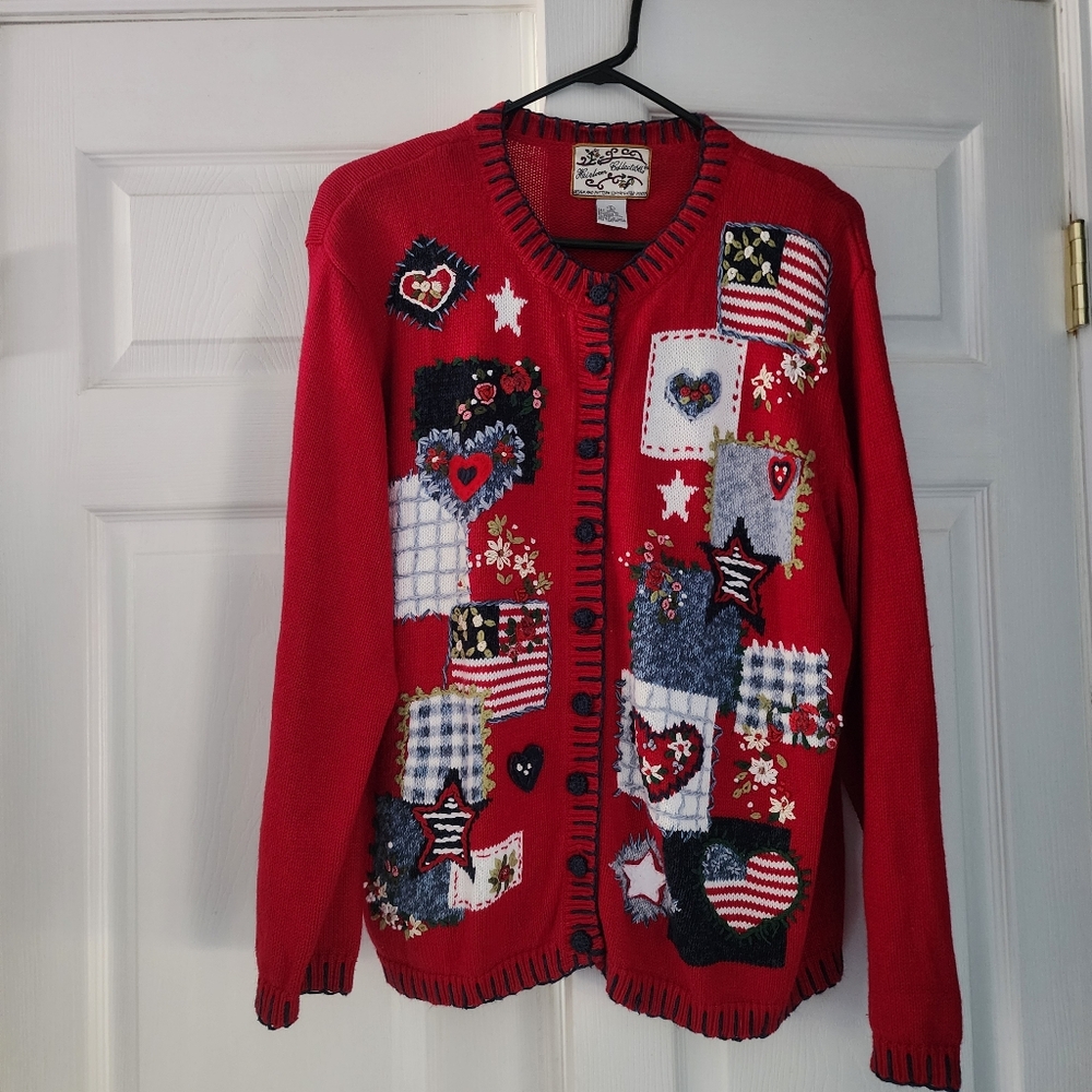 Vintage 90s USA Patriotic Heirloom Collectibles sweater cardigan red rami cotton